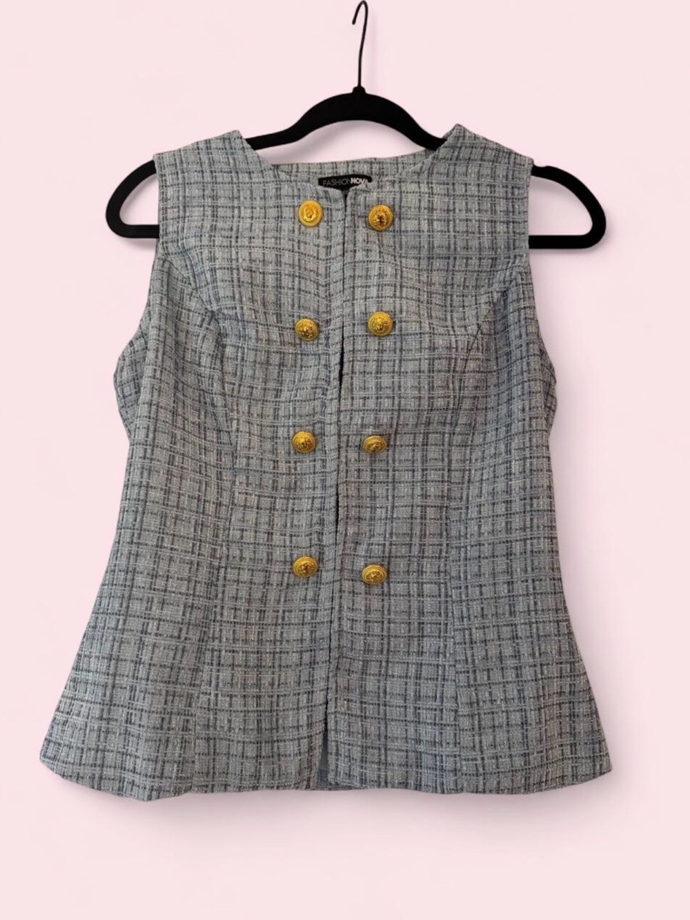 Fashion Nova Tweed Sleeveless Top with Gold Accents & Textured Bouclé Fabric